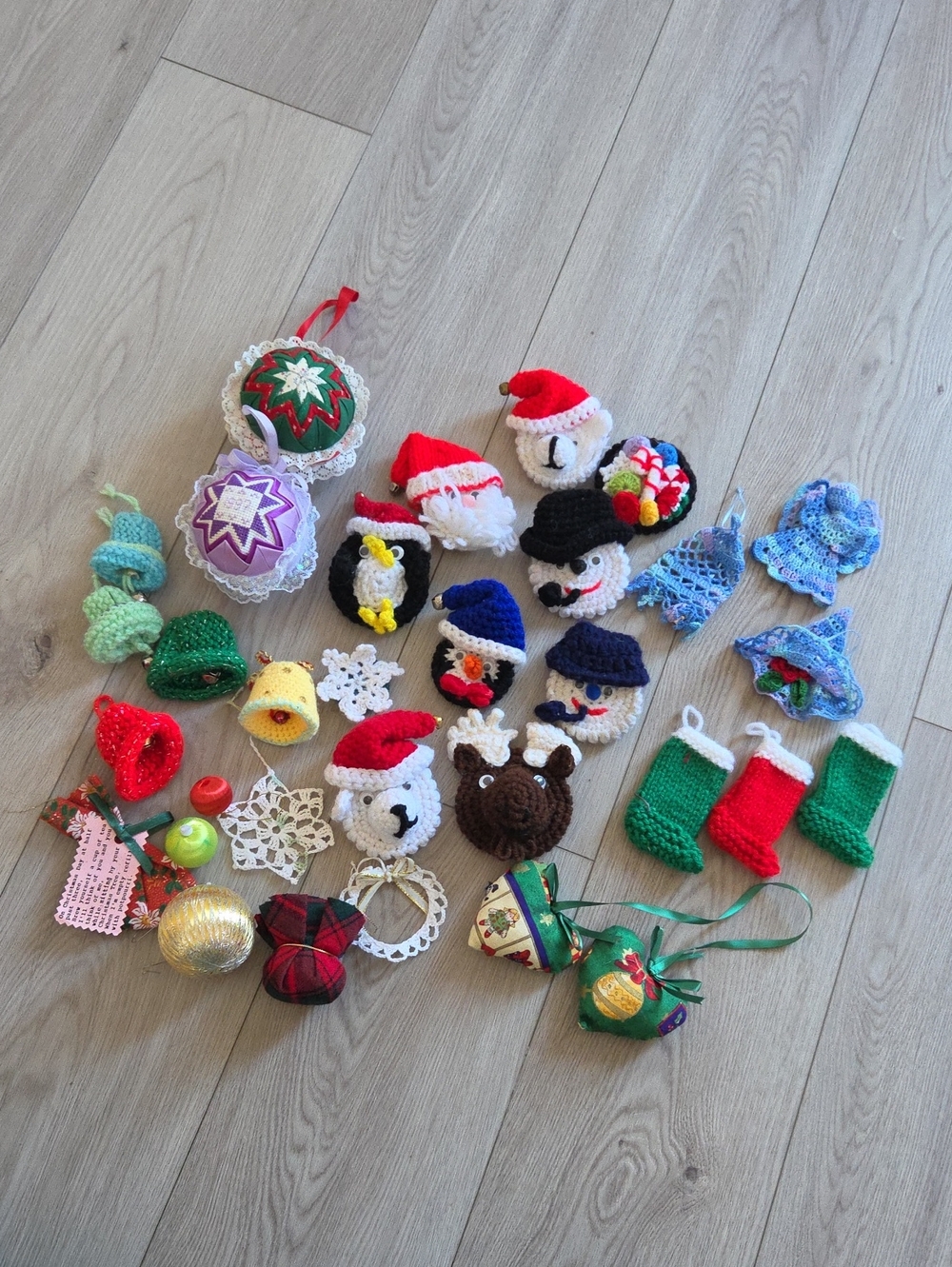 Handmade Vintage Christmas Ornaments, Santa, Snowman, Stockings, Set of 31
